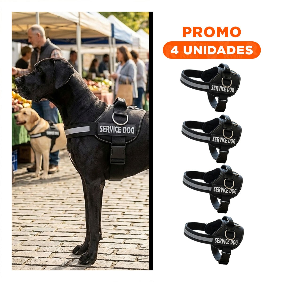 PACK4 CINTURON CANINO SERVICE DOG TALLA XL NEGRO SOPORTE SEGURO Y+REGALO STICKER - 1
