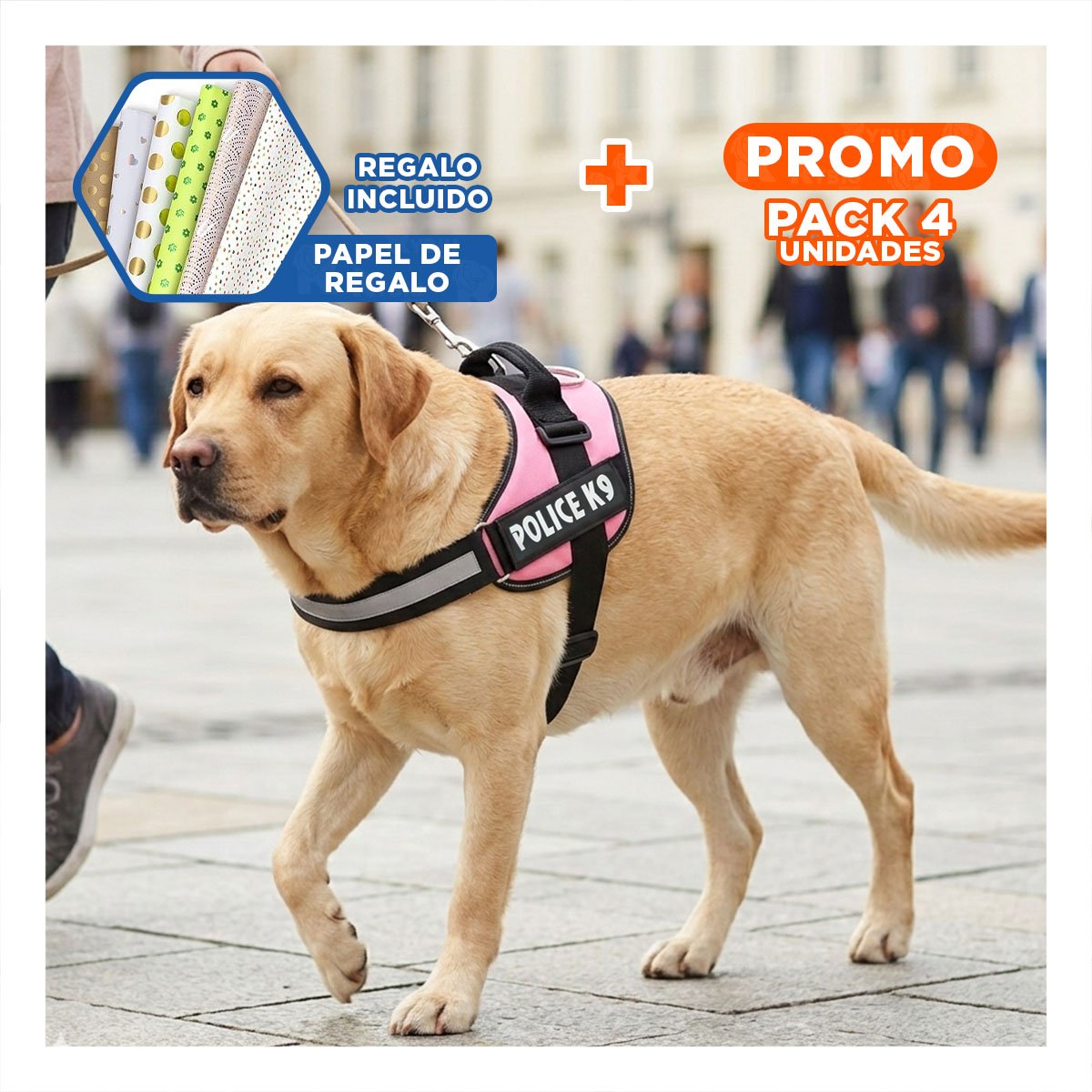 PACK4 CORREA DE TRABAJO SERVICE DOG TALLA XXL ROSADO PARA PERRO FUERTE Y+PAPEL REGALO - 1