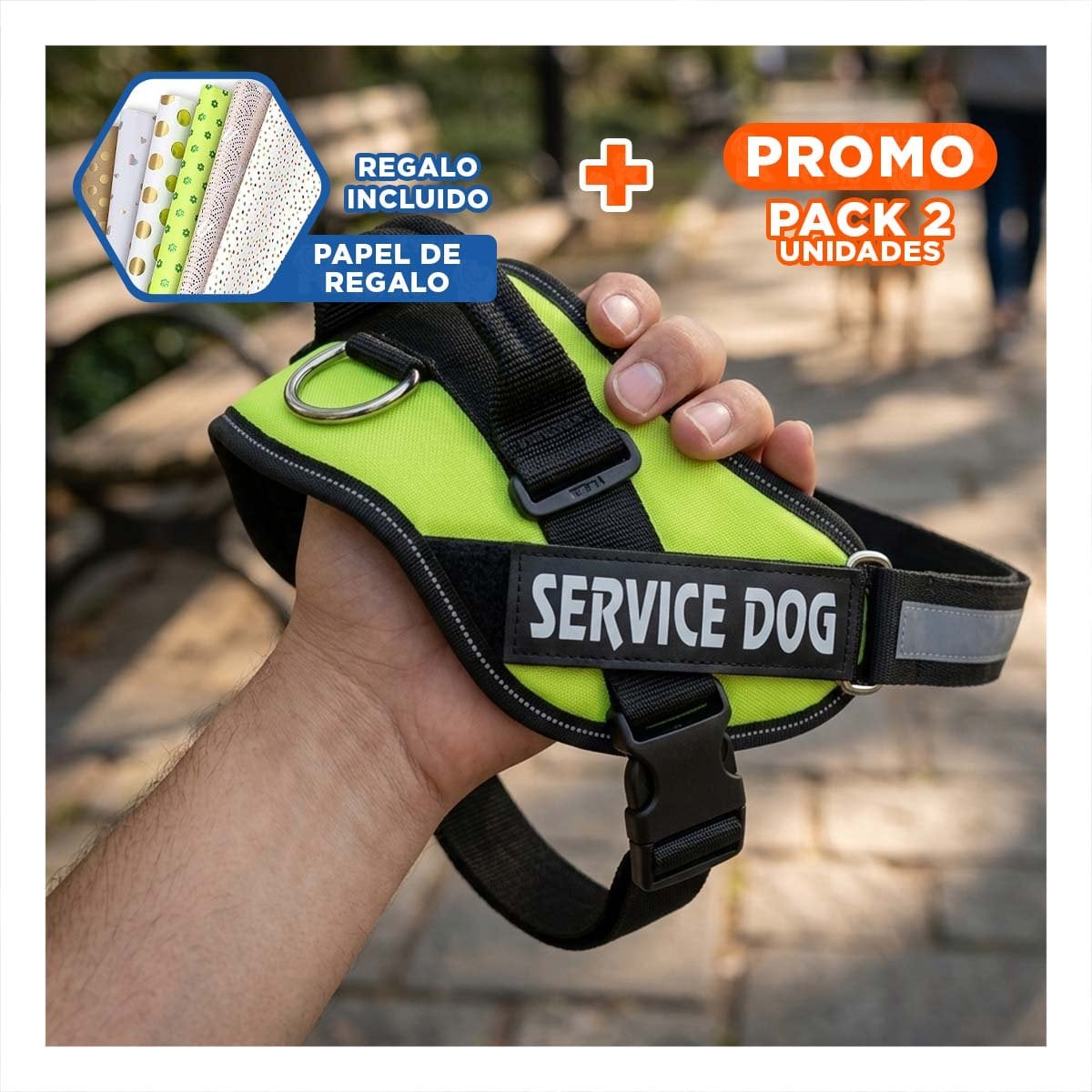 PACK2 CHALECO CANINO SERVICE DOG TALLA XL VERDE PARA APOYO Y+PAPEL REGALO - 1