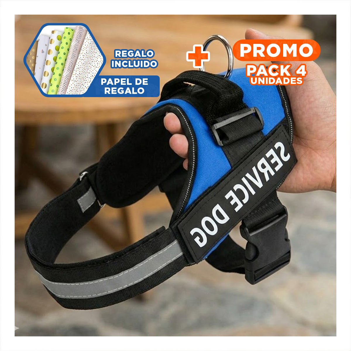 PACK4 EQUIPO AJUSTABLE SERVICE DOG TALLA XXL AZUL MASCOTA ACTIVA Y+PAPEL REGALO - 1