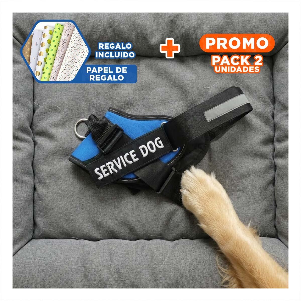 PACK2 CHALECO CANINO SERVICE DOG TALLA XXL AZUL PARA APOYO Y+PAPEL REGALO - 1