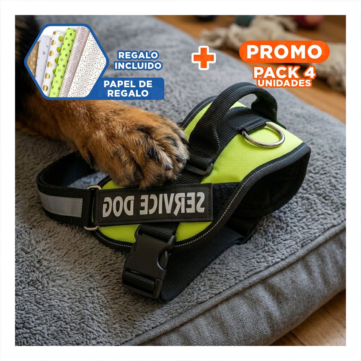 PACK4 EQUIPO AJUSTABLE SERVICE DOG TALLA XL VERDE MASCOTA ACTIVA Y+PAPEL REGALO - 1