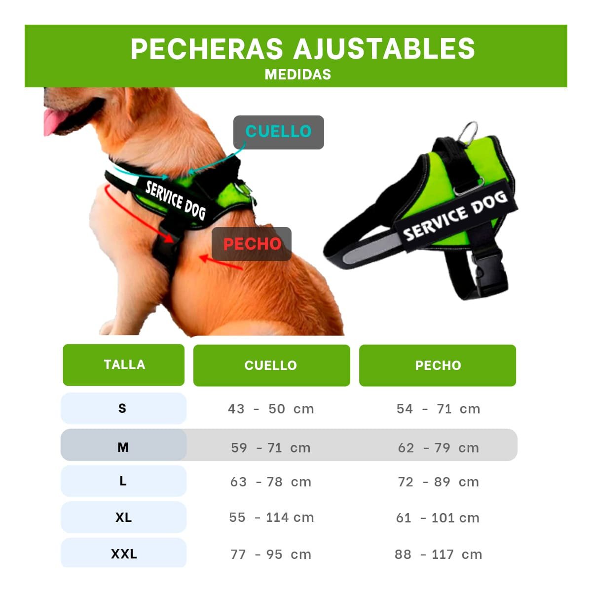 PACK2 EQUIPO PECHERA SERVICE DOG TALLA M VERDE AJUSTABLE MASCOTA - 4