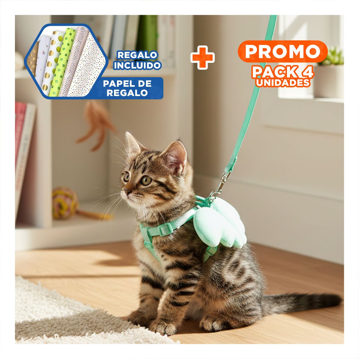 PACK4 CHALECO AJUSTABLE TURQUESA PET CON ALITAS PEQUENAS PARA PASEO Y+PAPEL REGALO - 1