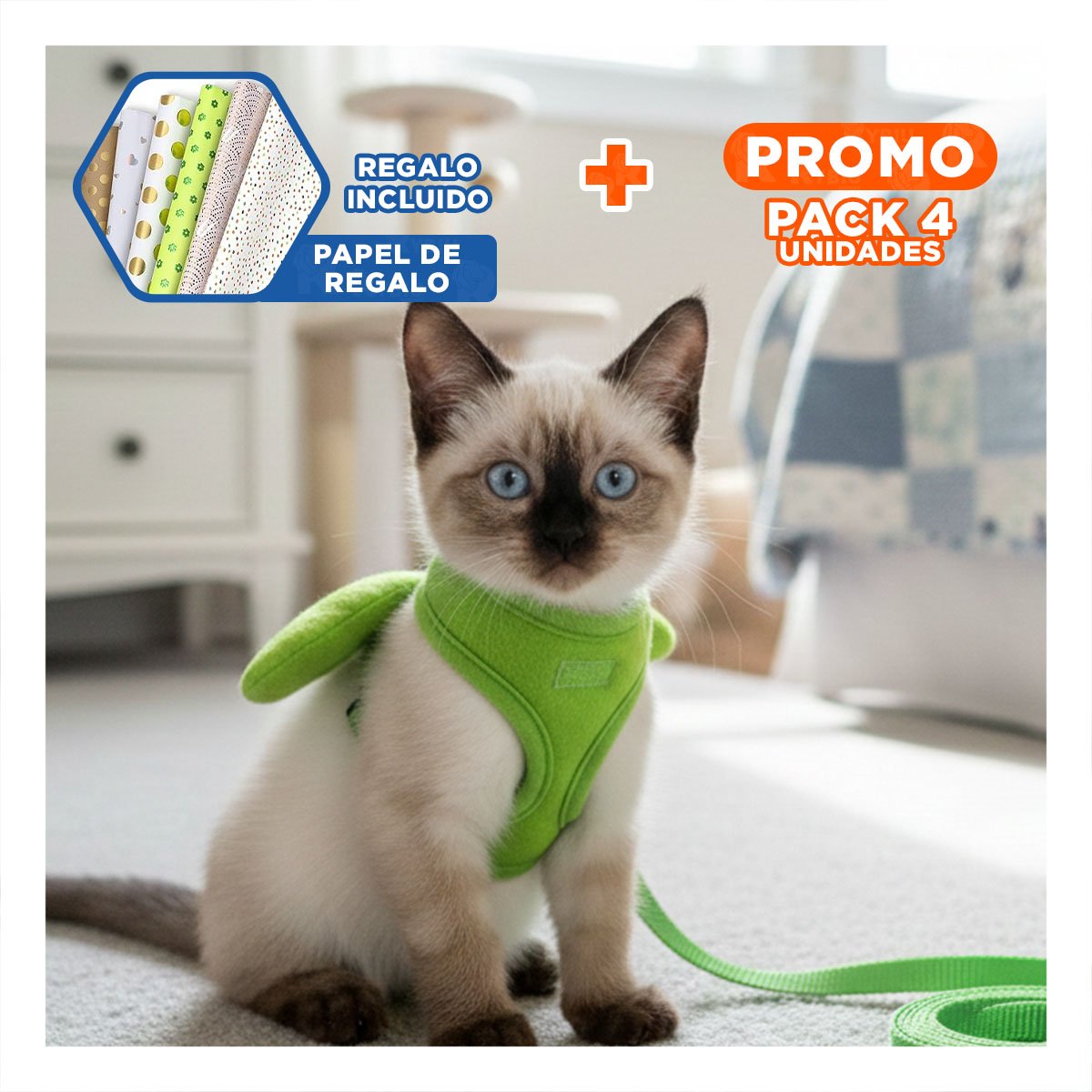 PACK4 CHALECO AJUSTABLE VERDE PET CON ALITAS PEQUENAS PARA PASEO Y+PAPEL REGALO - 1