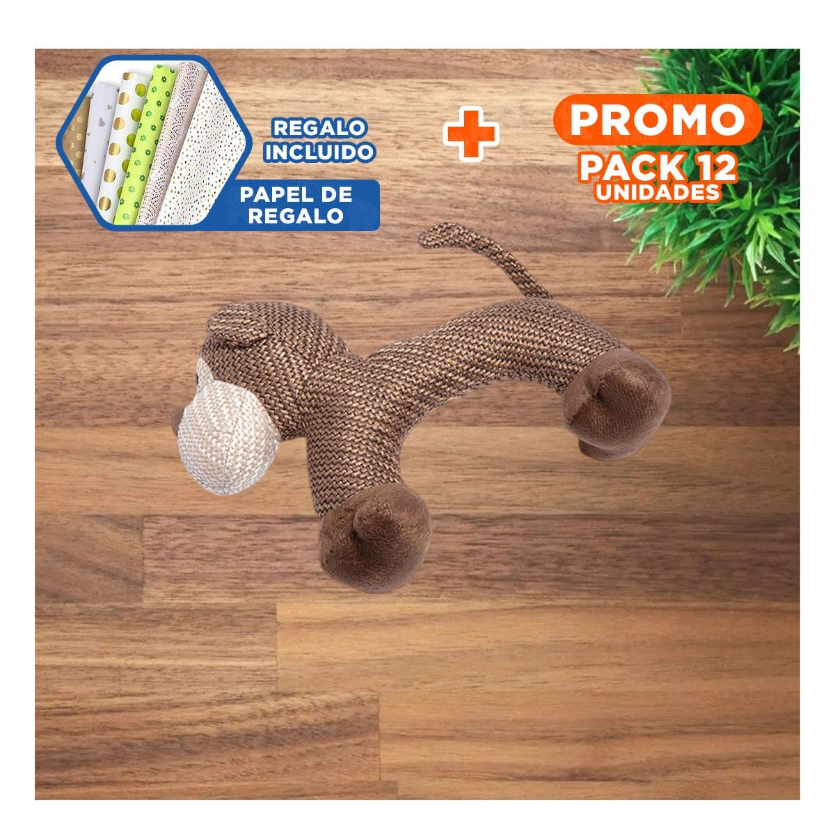 PACK12 MONO SONORO DE PELUCHE MARRON SUAVE PARA REGALO Y+PAPEL REGALO - 1