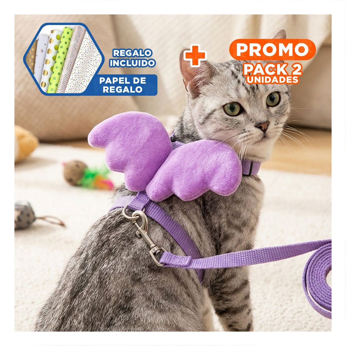 PACK2 CHALECO ARNES PET CON ALITAS PEQUENAS AJUSTABLE LILA Y+PAPEL REGALO - 1