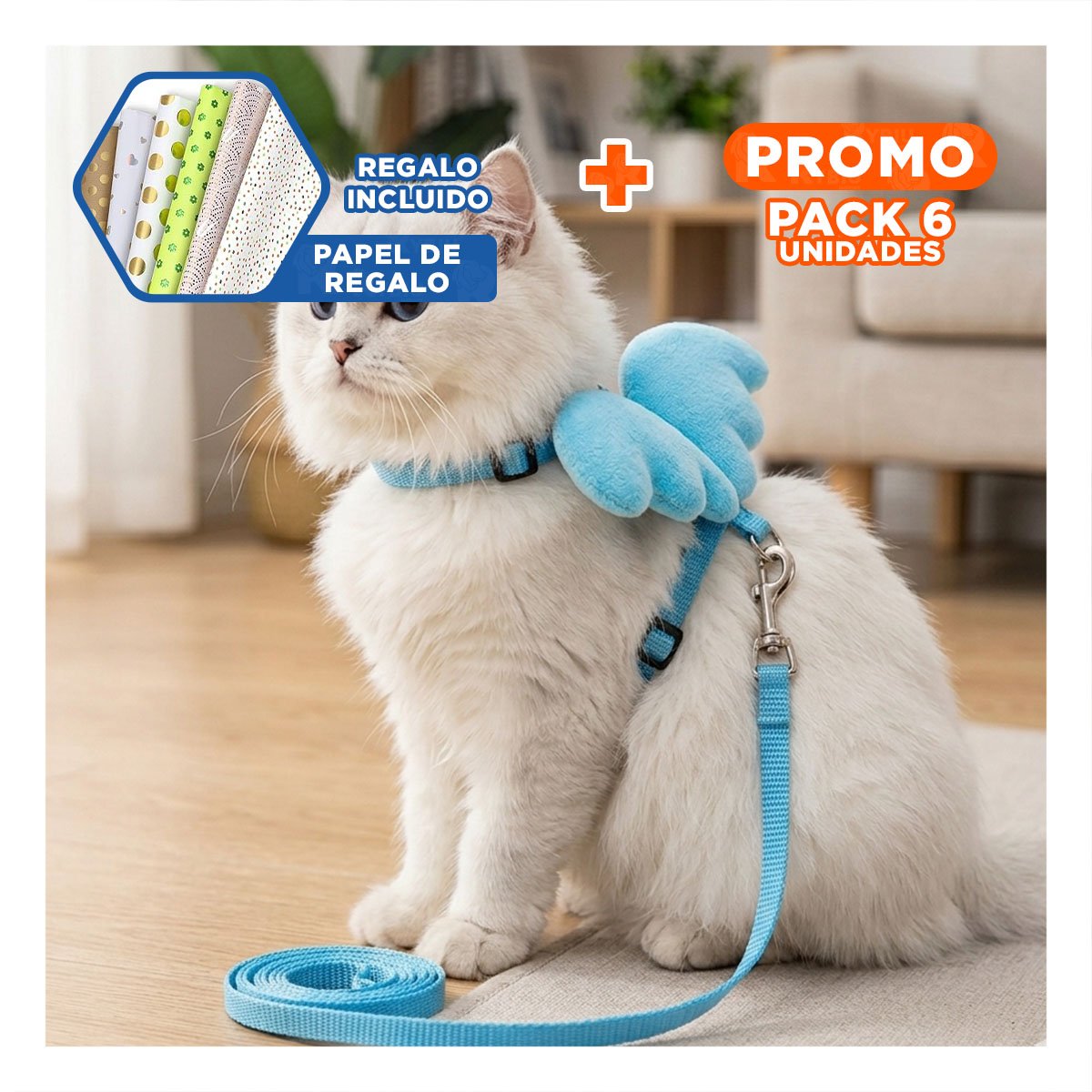 PACK6 PECHERA AJUSTABLE PET CON ALITAS PEQUENAS DISENO CELESTE Y+PAPEL REGALO - 1