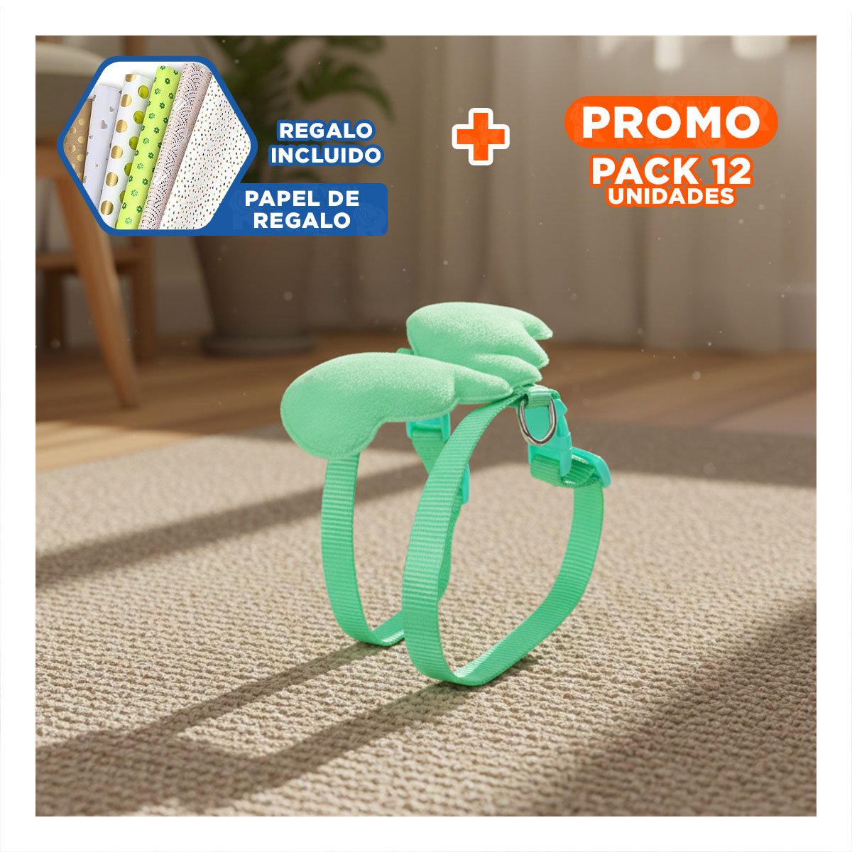 PACK12 PECHERA PET TURQUESA CON ALITAS PEQUENAS AJUSTABLE Y SEGURO Y+PAPEL REGALO - 1