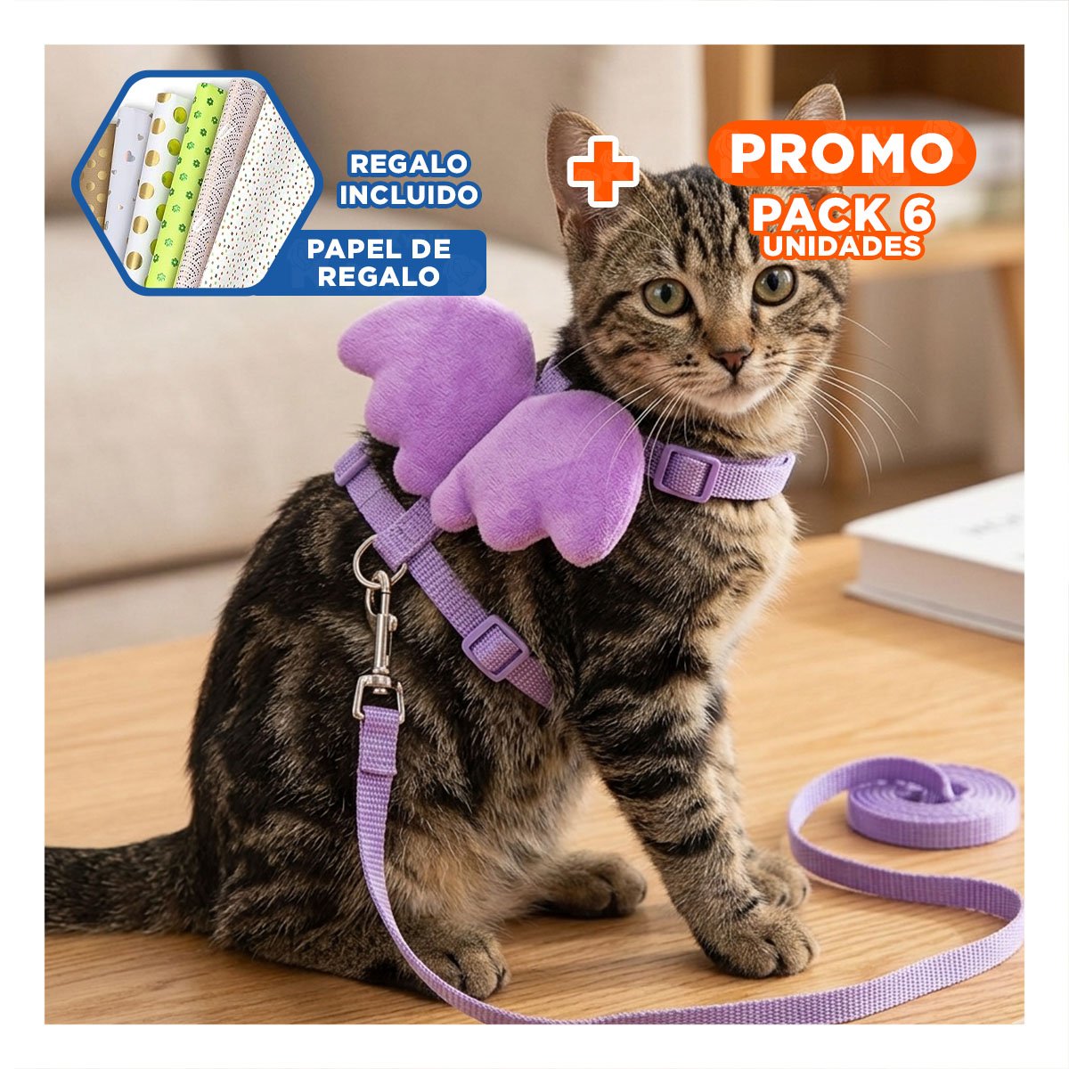 PACK6 PECHERA AJUSTABLE PET CON ALITAS PEQUENAS DISENO LILA Y+PAPEL REGALO - 1