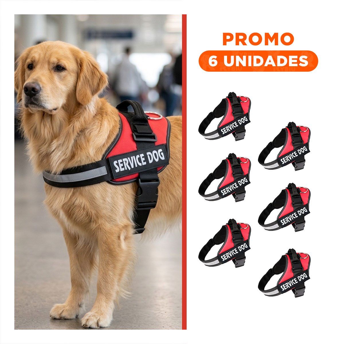 PACK6 HARNESS AJUSTABLE CON ASA DE SEGURIDAD SERVICE DOG TALLA S ROJO - 1