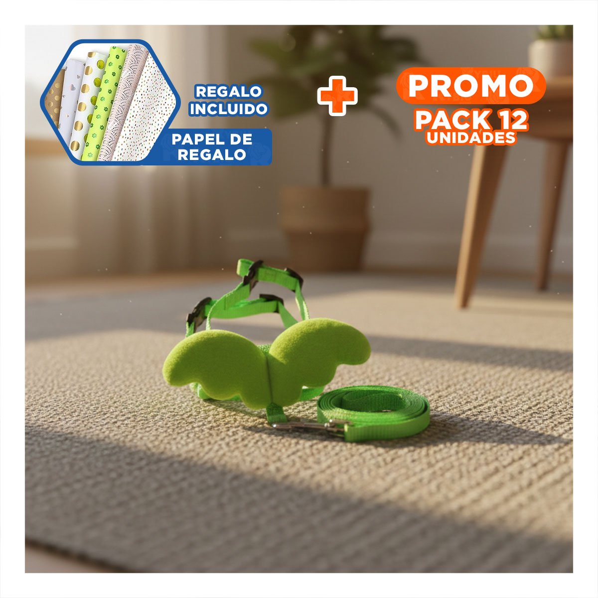 PACK12 PECHERA PET VERDE CON ALITAS PEQUENAS AJUSTABLE Y SEGURO Y+PAPEL REGALO - 1