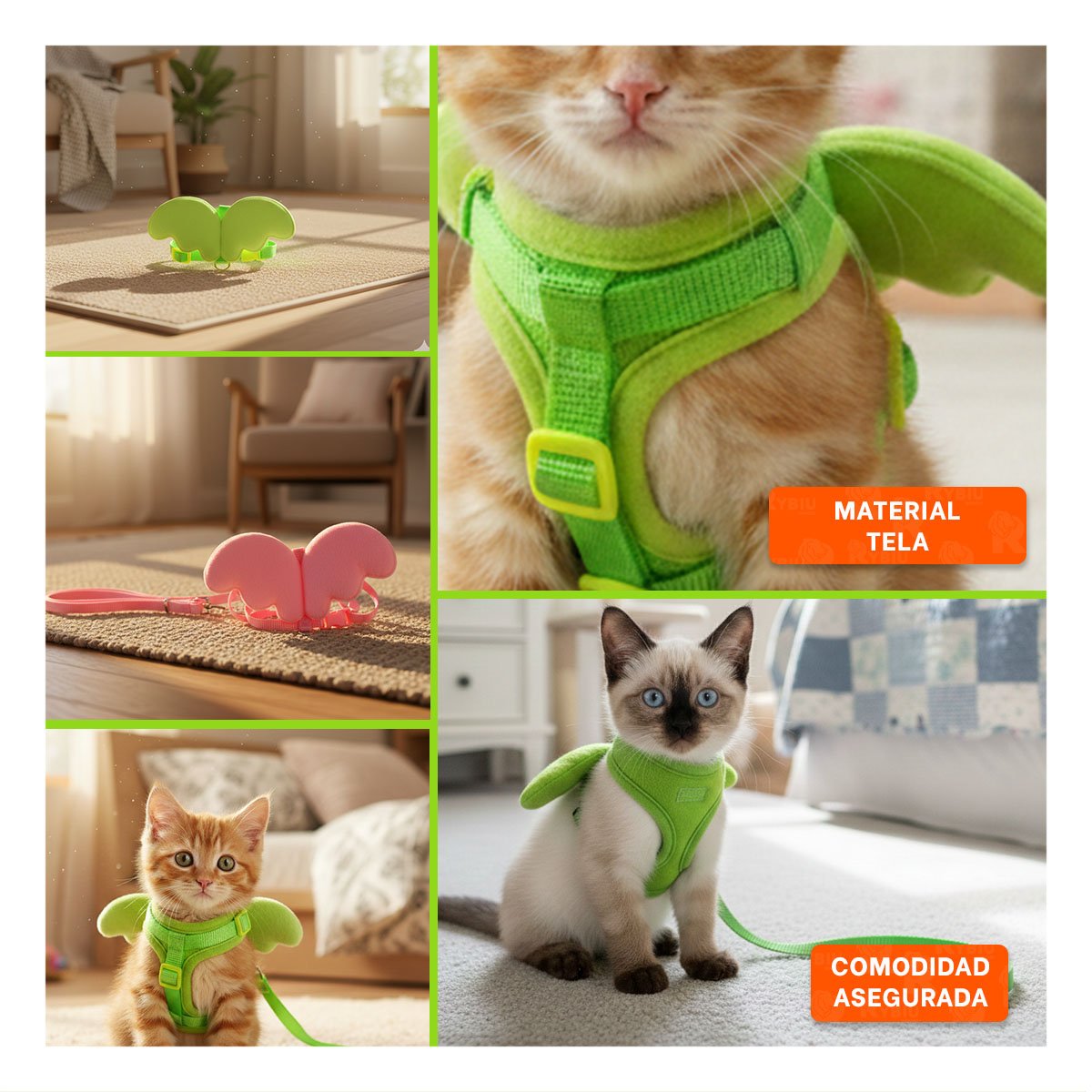 SOPORTE AJUSTABLE PET CON ALITAS PEQUENAS VERDE PARA PASEOS SEGUROS Y+LIGAS REGALO - 5