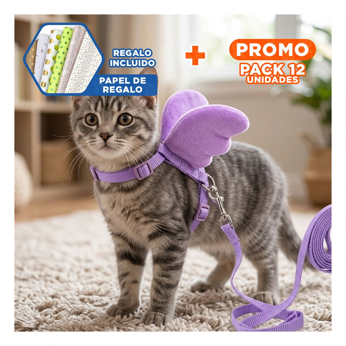 PACK12 HARNESS PET CON ALITAS PEQUENAS REGULABLE COLOR LILA Y+PAPEL REGALO - 1