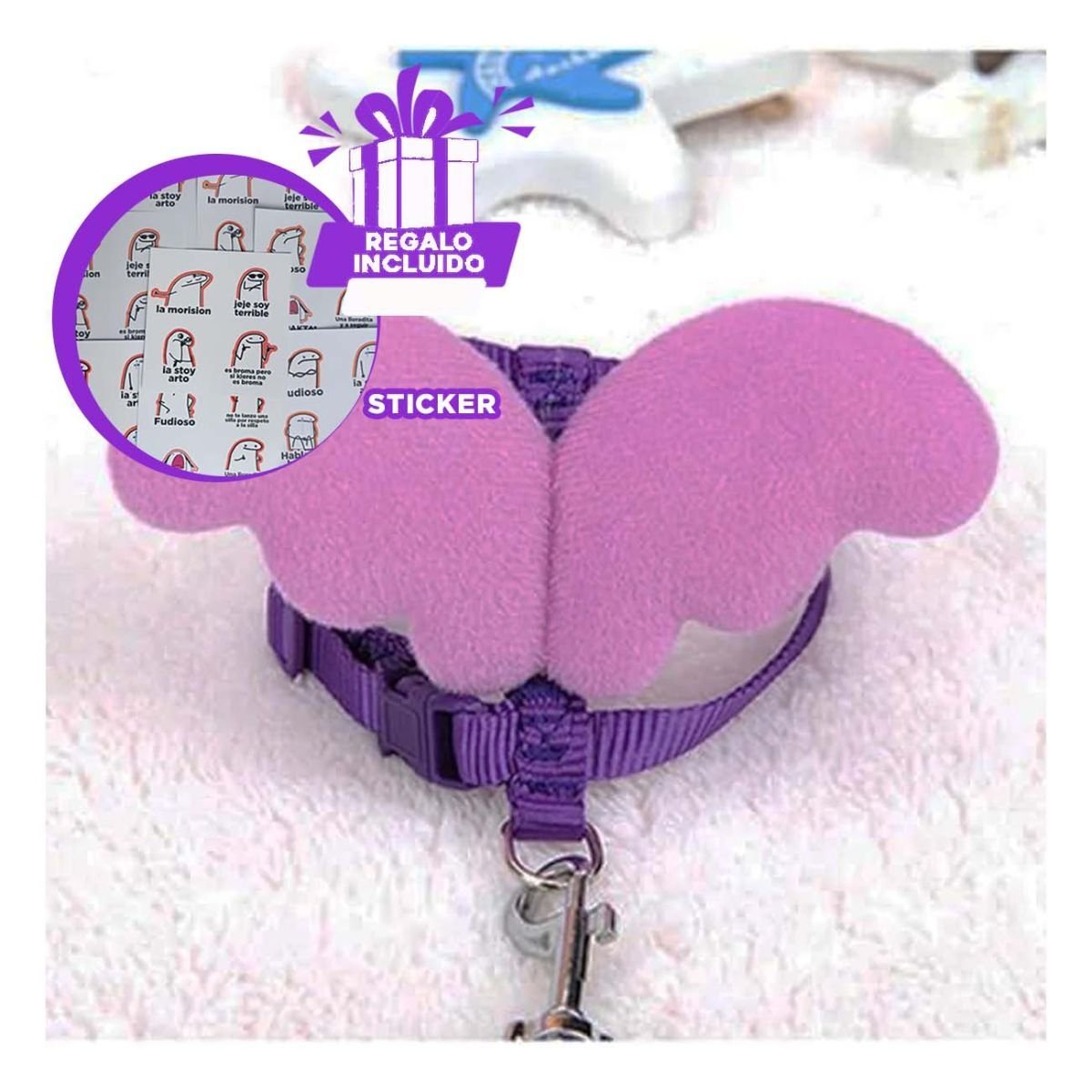 CHALECO AJUSTABLE PARA PERRO PEQUENO CON ALITAS LILA Y+REGALO STICKER - 1