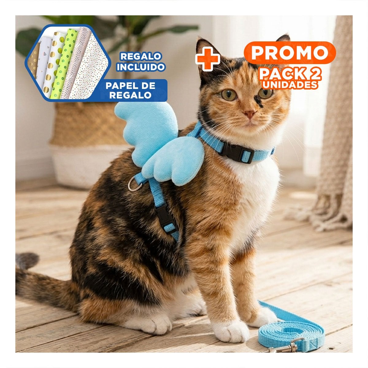 PACK2 CHALECO ARNES PET CON ALITAS PEQUENAS AJUSTABLE CELESTE Y+PAPEL REGALO - 1