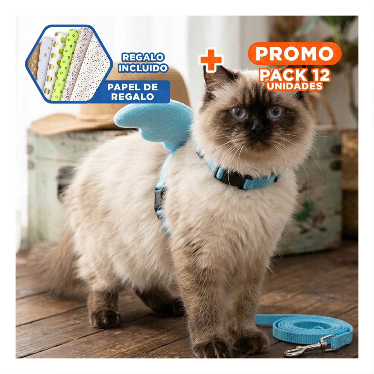 PACK12 HARNESS PET CON ALITAS PEQUENAS REGULABLE COLOR CELESTE Y+PAPEL REGALO - 1