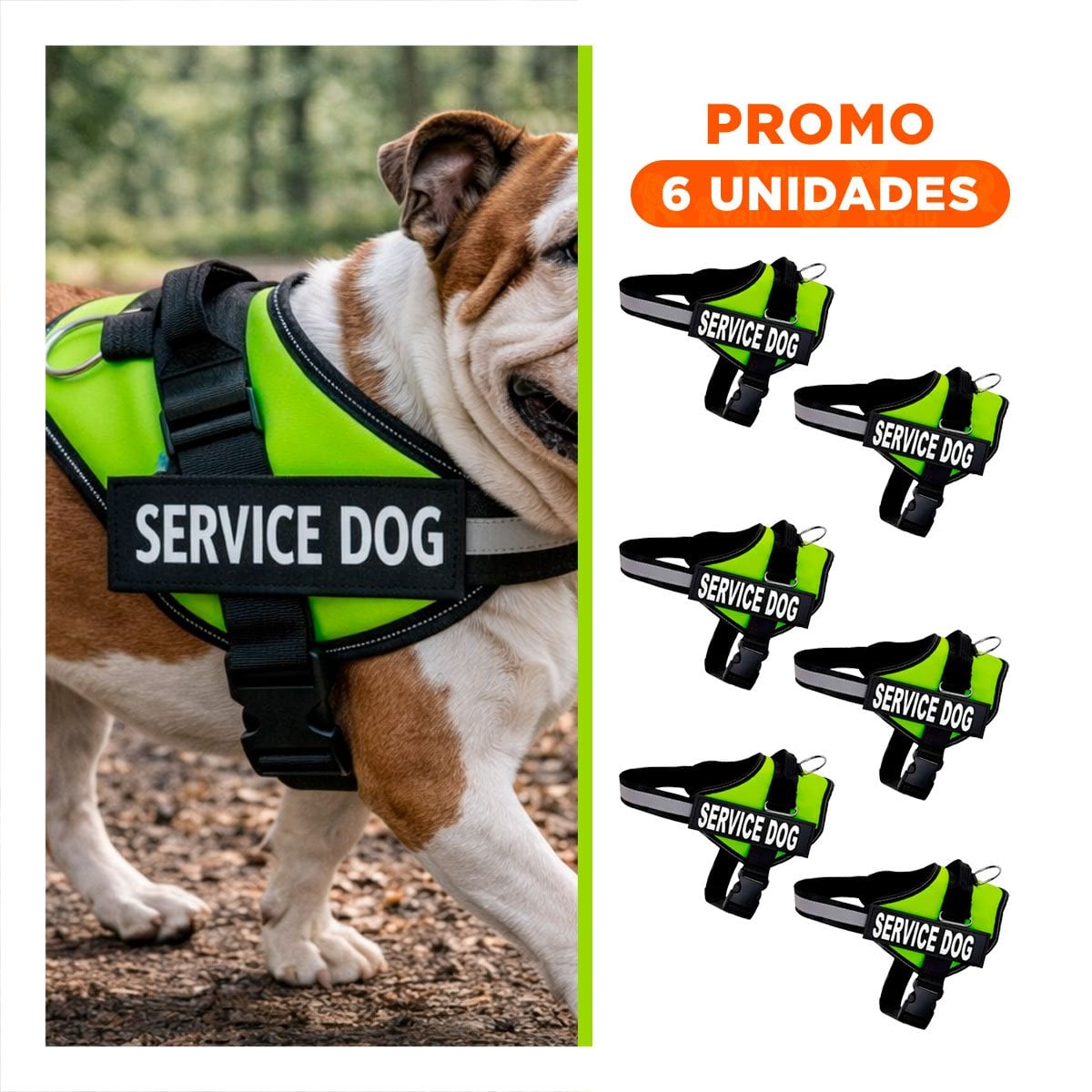 PACK6 CINTURON PECHERA SERVICE DOG TALLA M VERDE FACIL AJUSTE - 1