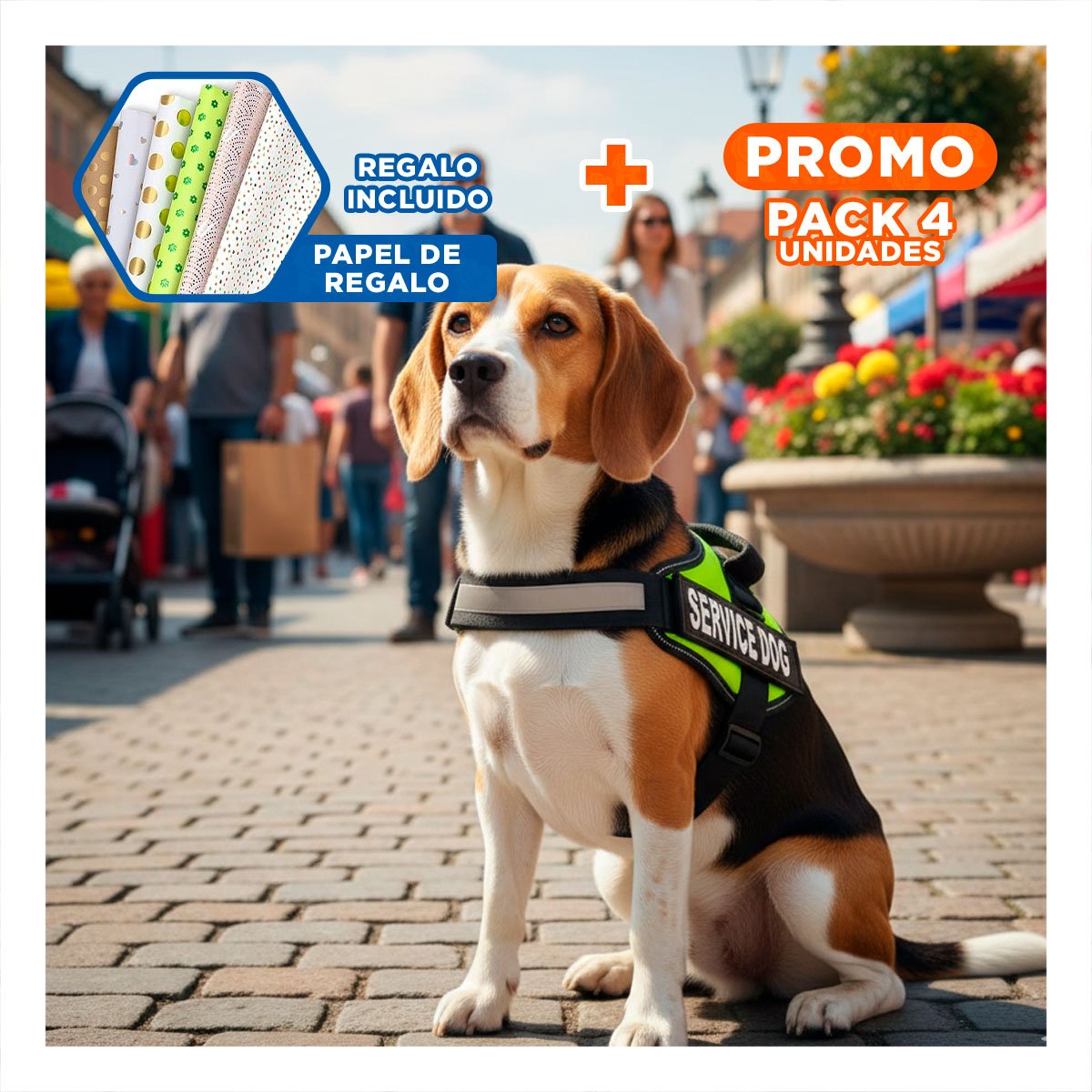 PACK4 CHALECO PECHERA SERVICE DOG TALLA M VERDE COMODO Y+PAPEL REGALO - 1