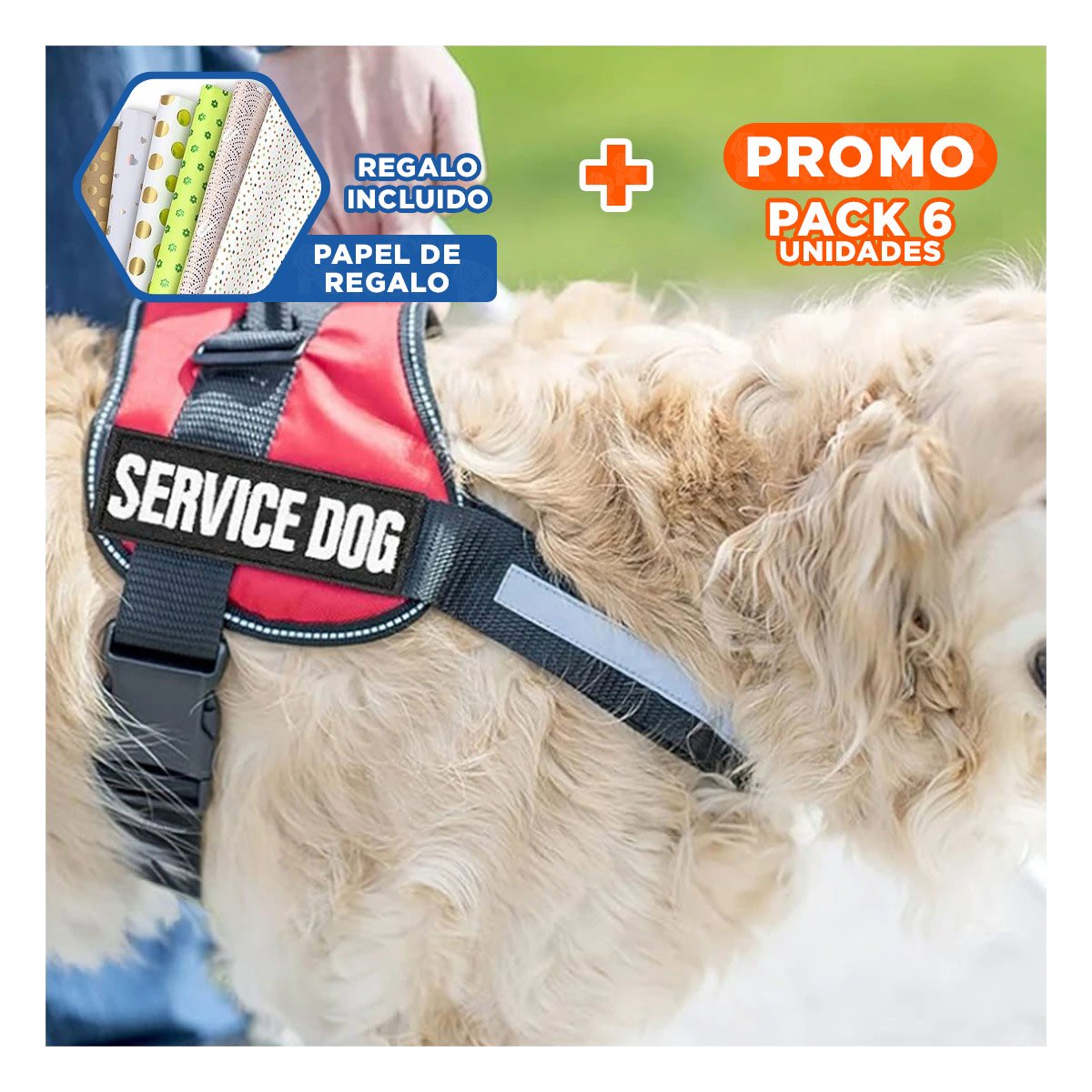PACK6 CHALECO TIPO ARNES CON ASA SUPERIOR SERVICE DOG TALLA S ROJO Y+PAPEL REGALO - 1