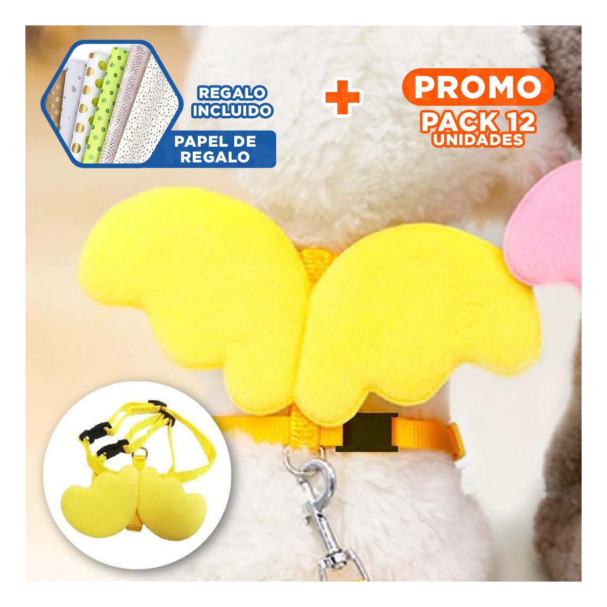 PACK12 PECHERA PET AMARILLO CON ALITAS PEQUENAS AJUSTABLE Y SEGURO Y+PAPEL REGALO - 1