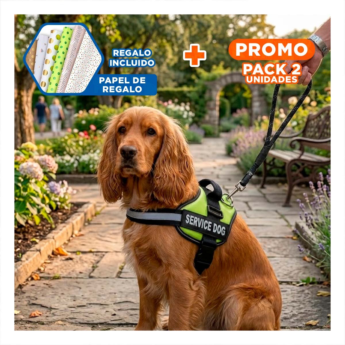 PACK2 CINTURON PECHERA SERVICE DOG TALLA M VERDE CONFORTABLE Y+PAPEL REGALO - 1