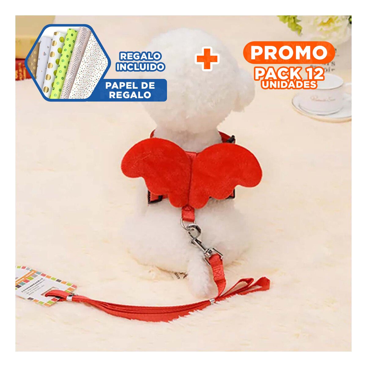 PACK12 PECHERA PET ROJO CON ALITAS PEQUENAS AJUSTABLE Y SEGURO Y+PAPEL REGALO - 1