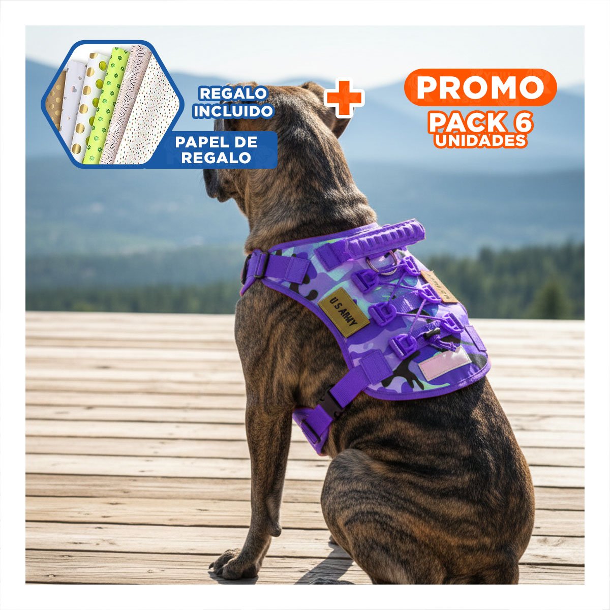 PACK6 ARNESADO CHALECOS TACTICO PARA PERRO MORADO TALLA XL AJUSTABLE Y COMODO Y+PAPEL REGALO - 1