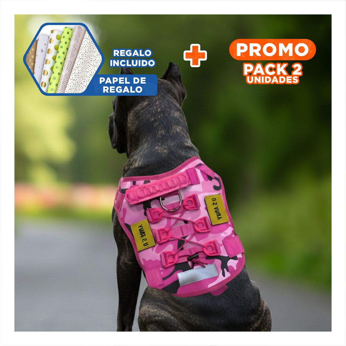 PACK2 PECHERA PARA PERRO ROSADO TACTICO TALLA XL CON CORREAS FUERTES Y+PAPEL REGALO - 1
