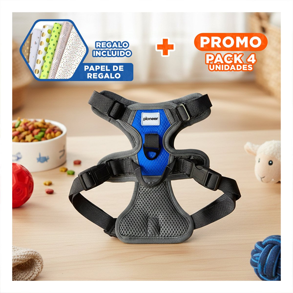 PACK4 ARNES DE PASEO PARA PERRO AZUL TALLA M SEGURO Y AJUSTABLE Y+PAPEL REGALO - 1