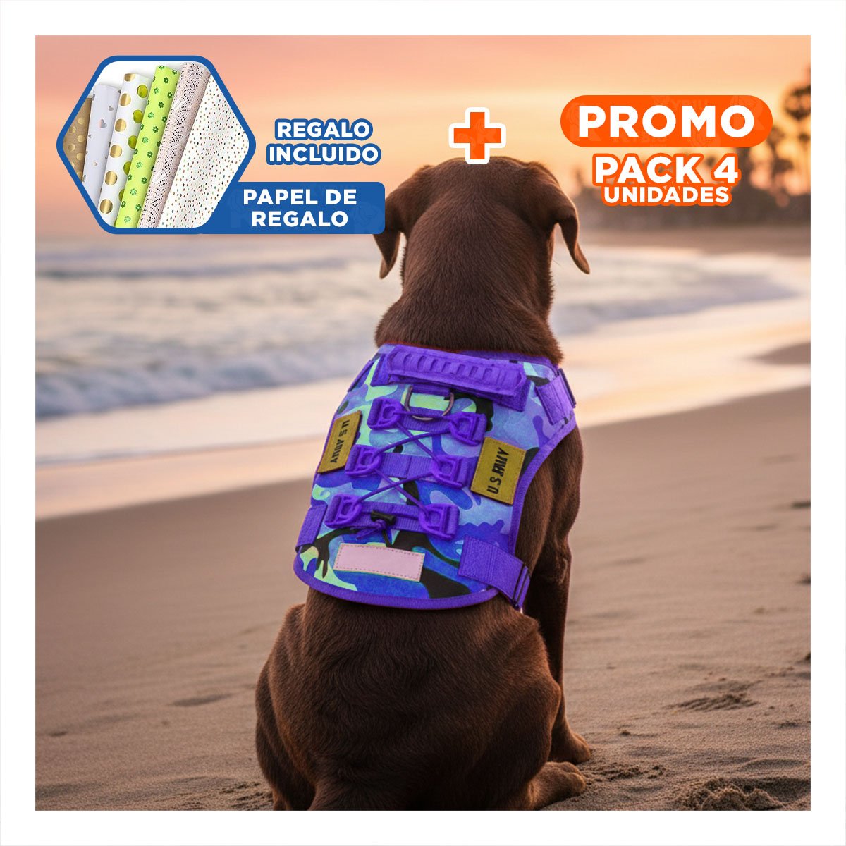 PACK4 CINTURON CHALECOS TACTICO PARA PERRO MORADO TALLA XL CON AJUSTE RAPIDO Y+PAPEL REGALO - 1