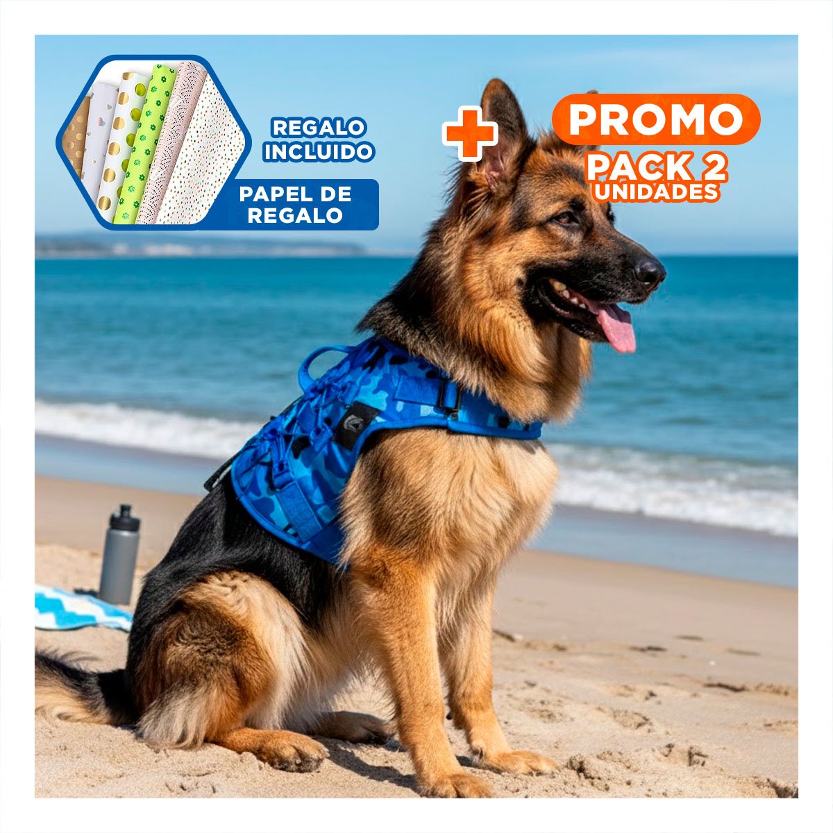 PACK2 PECHERA PARA PERRO GRANDE AZUL TACTICO TALLA XL AJUSTABLE Y+PAPEL REGALO - 1