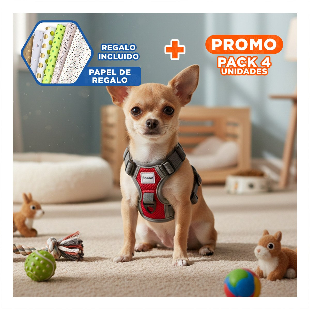 PACK4 ARTICULO AJUSTABLE PARA PERRO ROJO TALLA S COMODO Y+PAPEL REGALO - 1