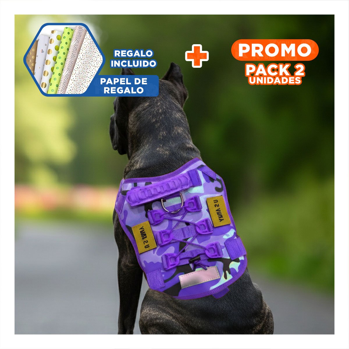 PACK2 FUNDA CHALECOS TACTICO PARA PERRO MORADO TALLA XL PARA PASEOS EN CASA Y+PAPEL REGALO - 1