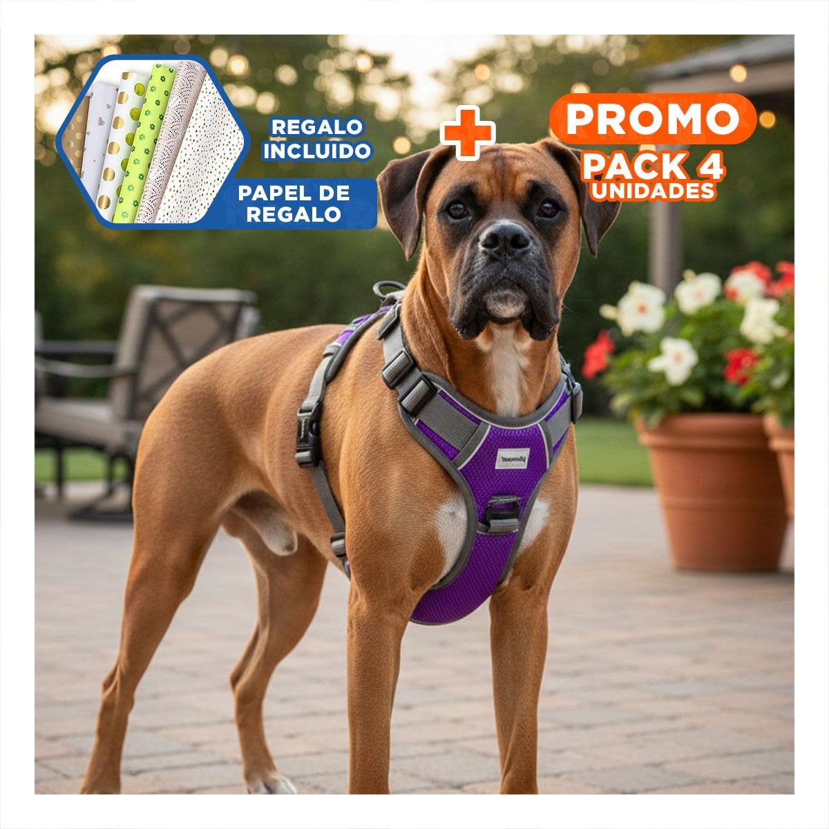 PACK4 EQUIPO PARA PERRO MORADO TALLA XL CON HEBILLAS RESISTENTES Y+PAPEL REGALO - 1