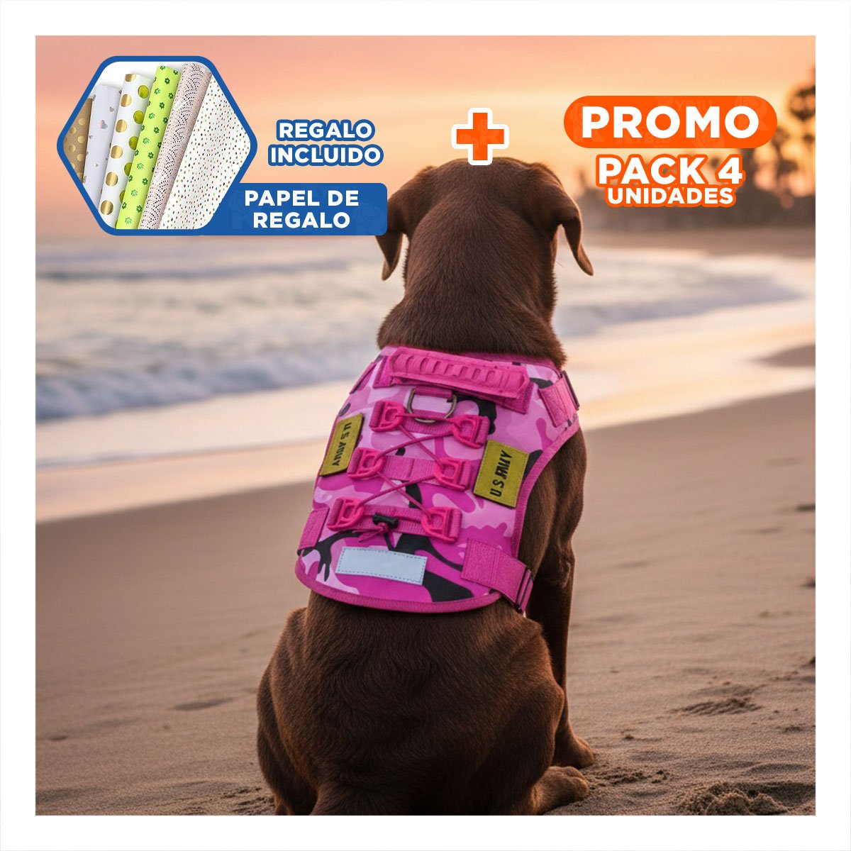 PACK4 EQUIPO PARA PERRO ROSADO TACTICO TALLA XL COMODO PARA PASEO Y+PAPEL REGALO - 1