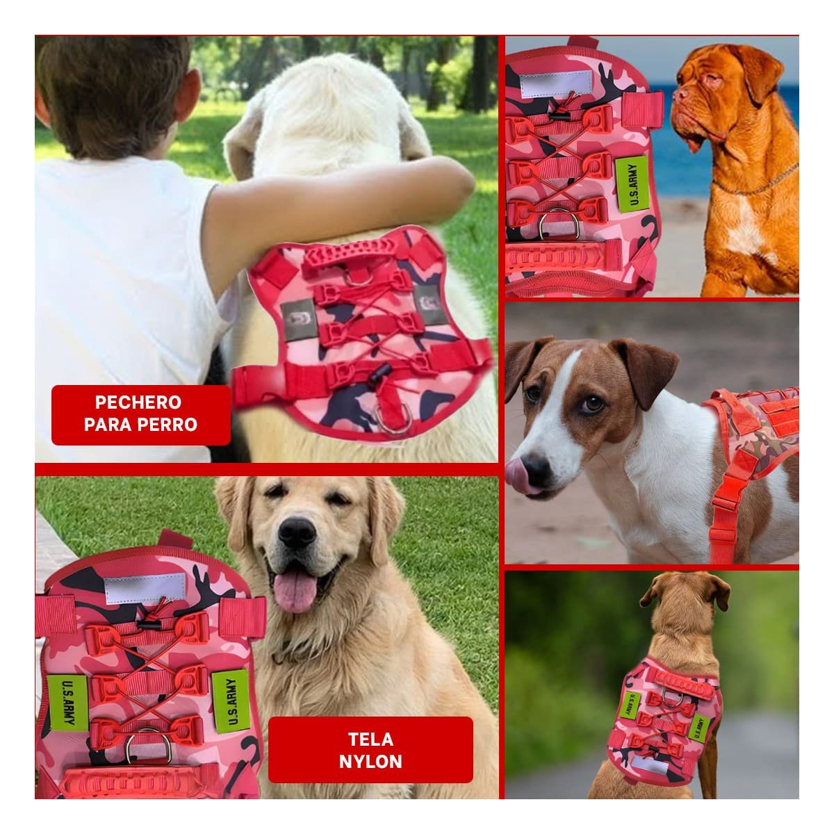 PACK4 EQUIPO PARA PERRO TACTICA ROJO AJUSTABLE Y SEGURO PARA PASEOS DIARIOS Y+REGALO STICKER - 2