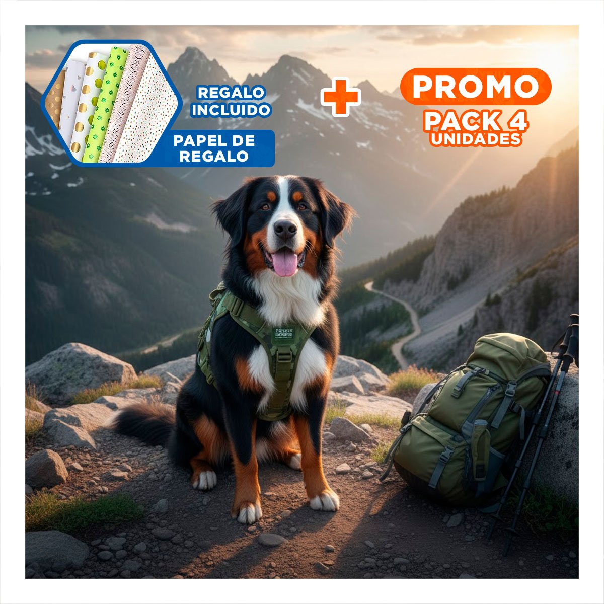 PACK4 VESTIMENTA PARA PERRO VERDE OSCURO PECHERA TACTICA SEGURO Y COMODO Y+PAPEL REGALO - 1