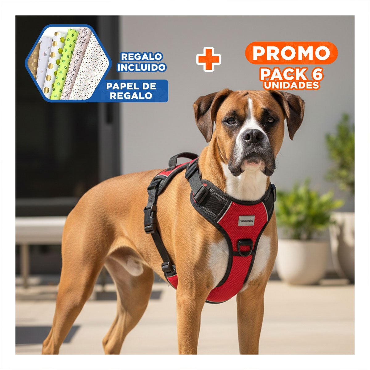 PACK6 SOPORTE PARA MASCOTA ROJO PECHERA TALLA L FACIL DE AJUSTAR Y+PAPEL REGALO - 1