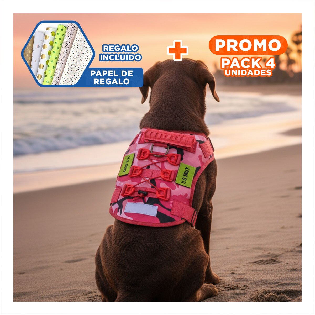 PACK4 CORREA CON PECHERA PARA PERRO TACTICA ROJO FACIL DE COLOCAR Y COMODO Y+PAPEL REGALO - 1