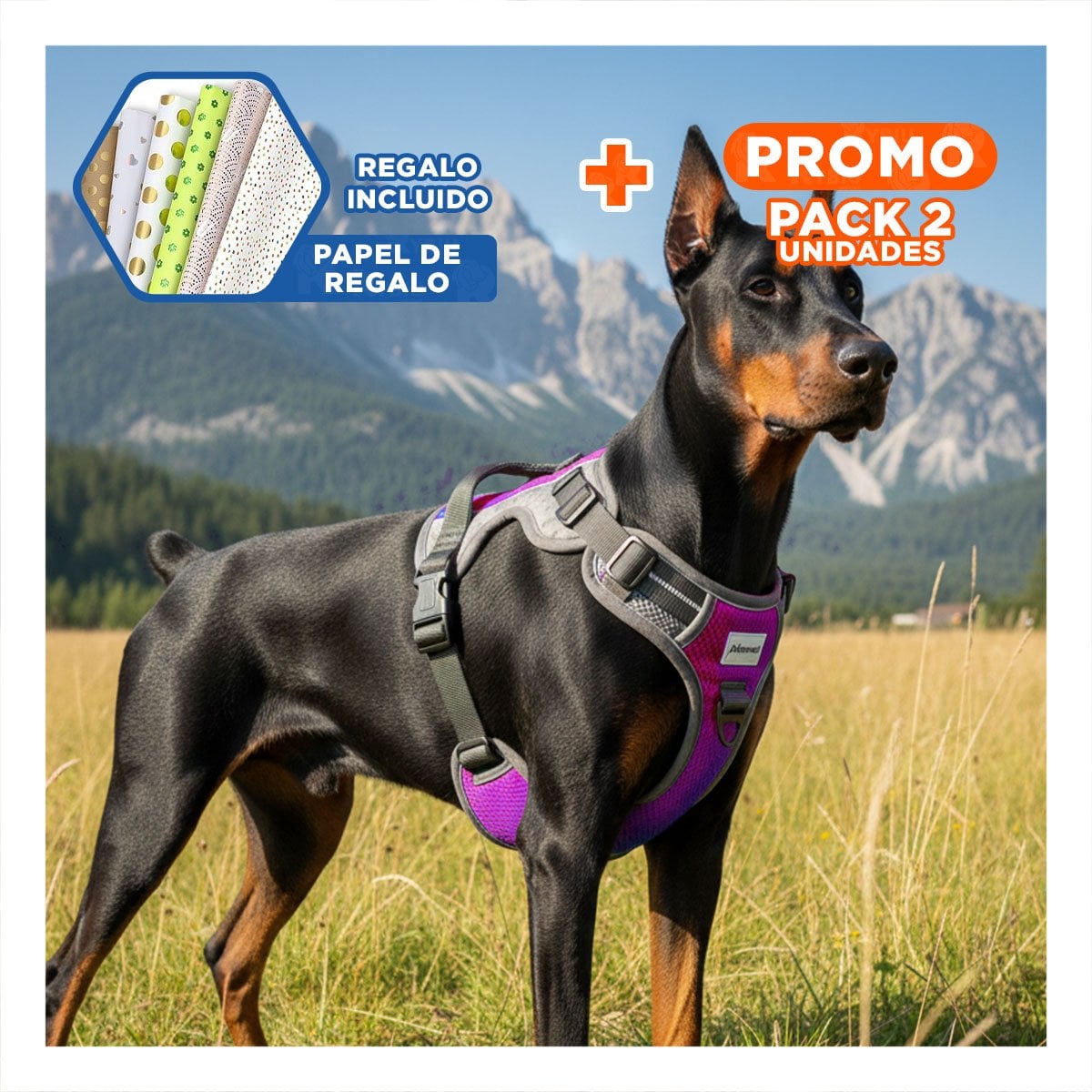 PACK2 PECHERA PARA PERRO FUCSIA AJUSTABLE CON HEBILLA SOLIDA Y CONFORT Y+PAPEL REGALO - 1