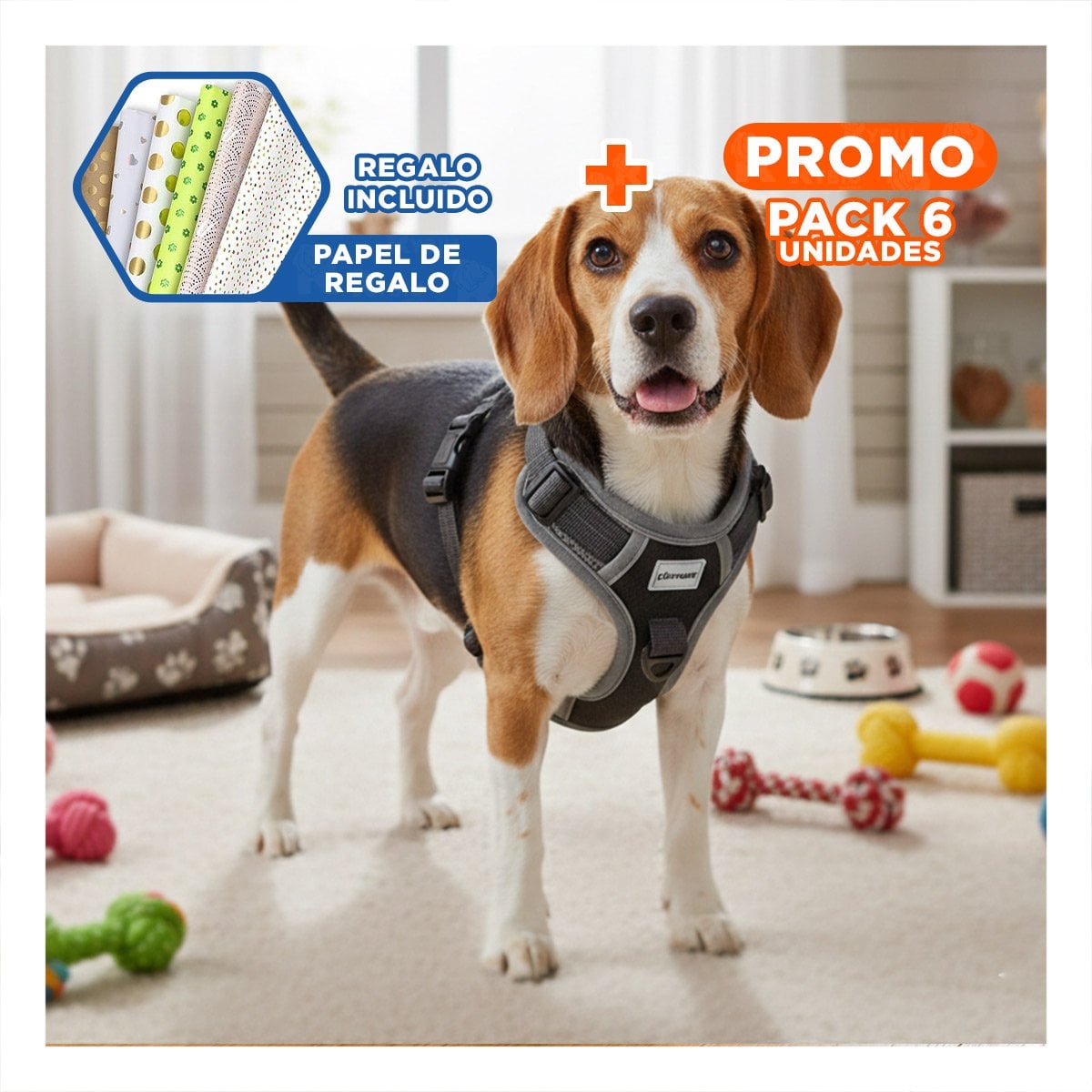 PACK6 CHALECO PARA PERRO NEGRO TALLA M CON SUJECION ERGONOMICA Y FACIL USO Y+PAPEL REGALO - 1