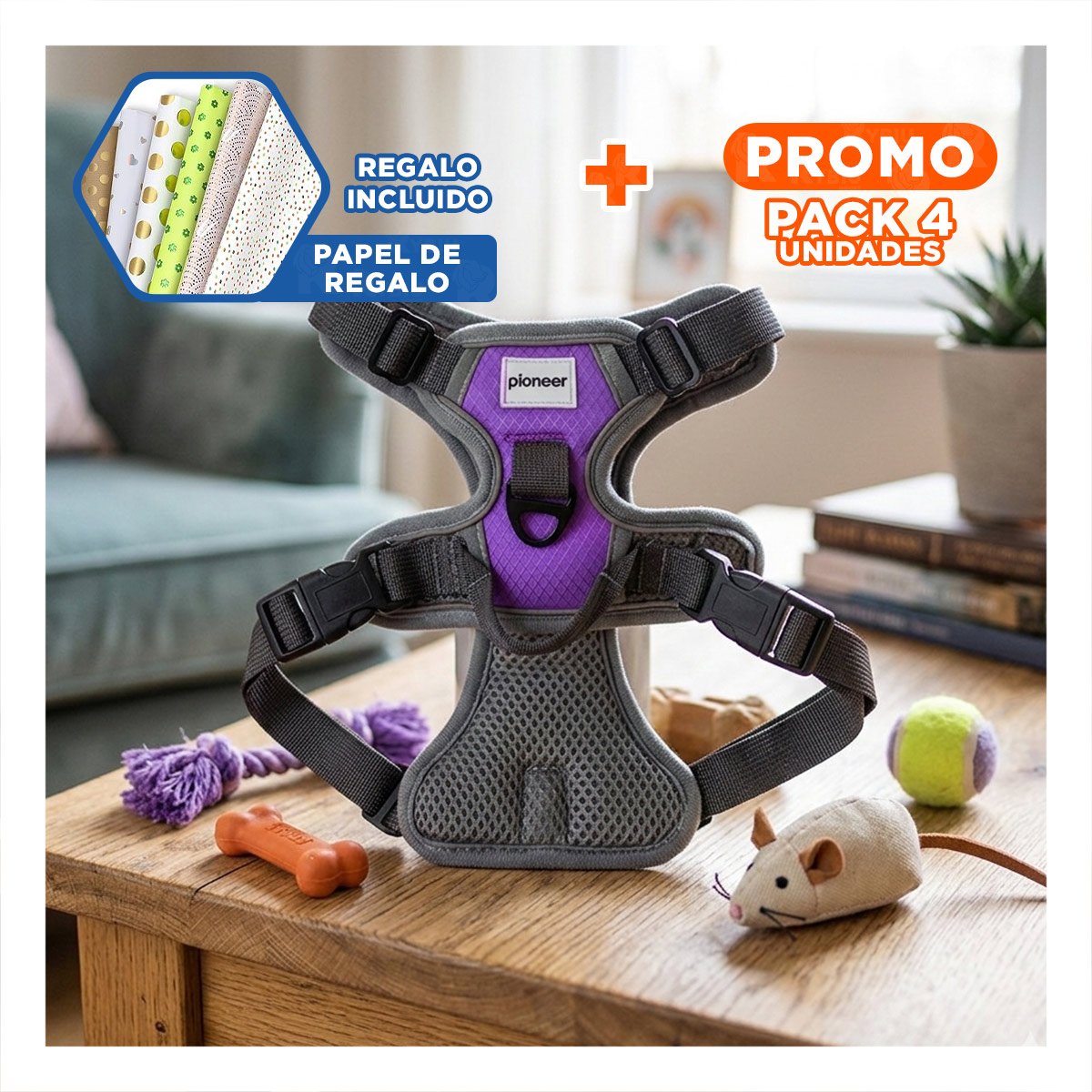 PACK4 SOPORTE REFLEJANTE PARA PERRO MORADO TALLA M CON VISIBILIDAD NOCTURNA Y+PAPEL REGALO - 1