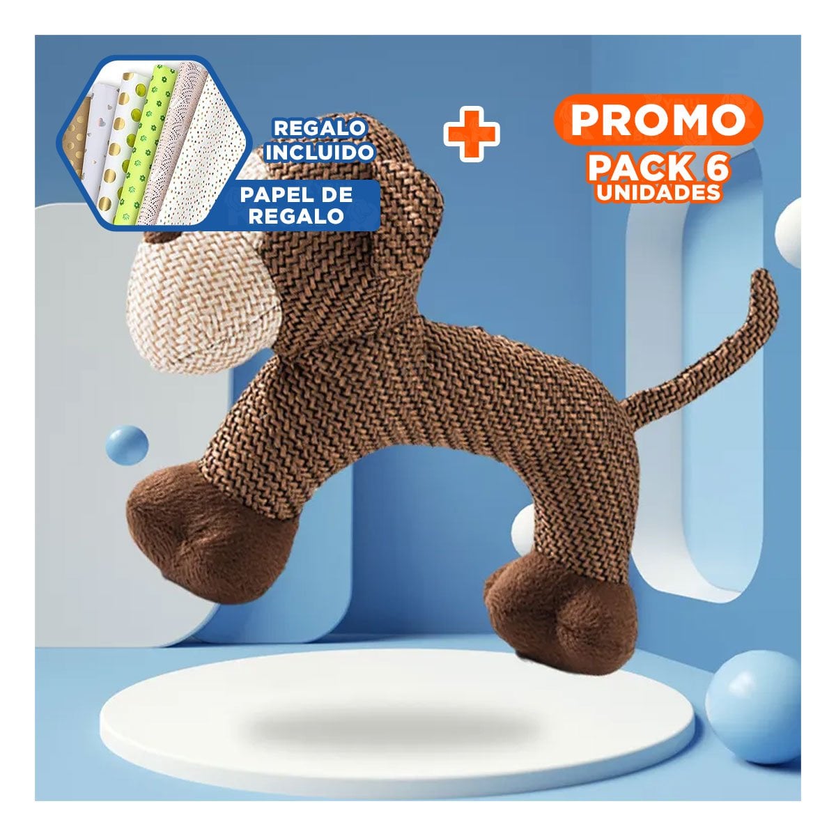 PACK6 FIGURA SUAVE CON SONIDO DE MONO MARRON PARA REGALO Y+PAPEL REGALO - 1