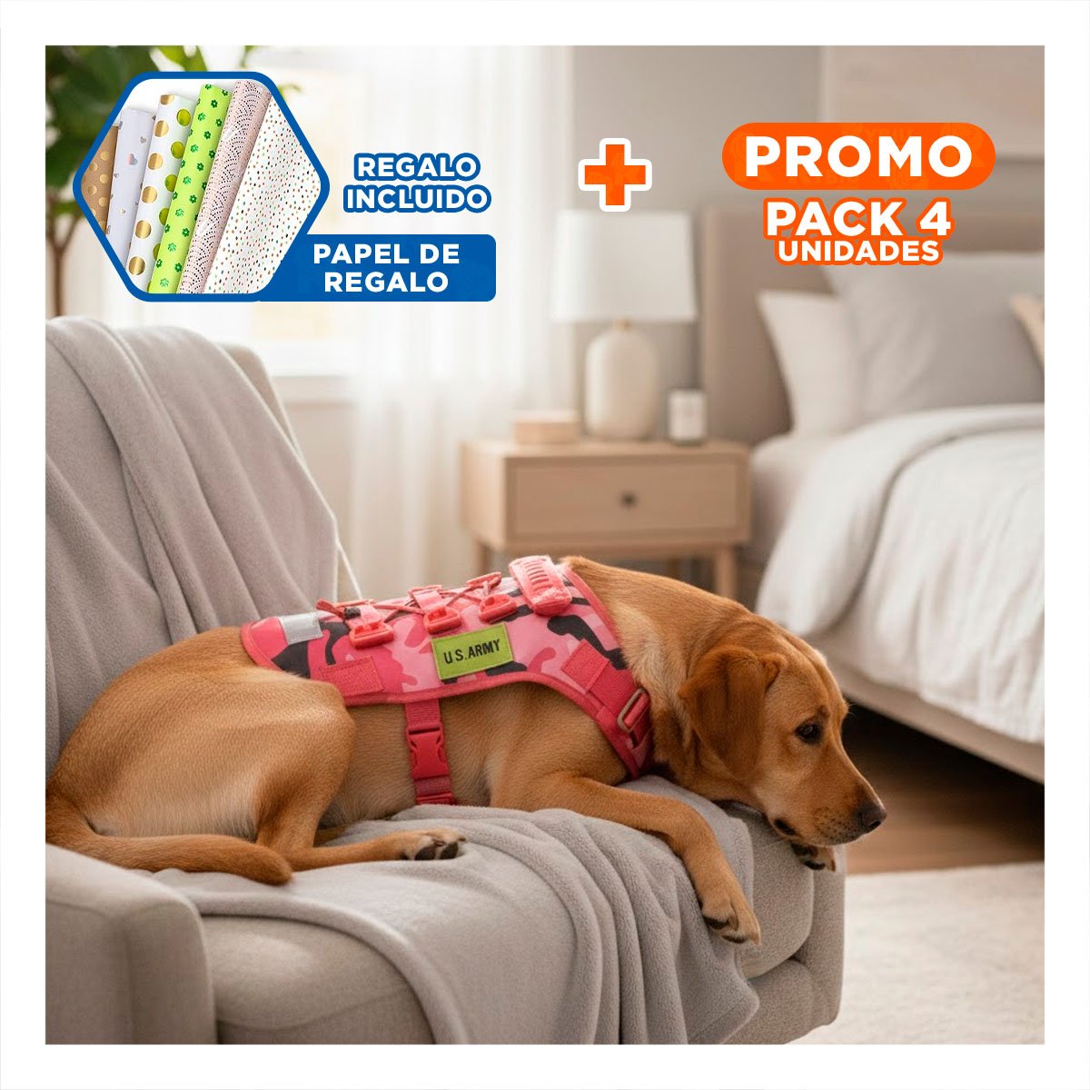 PACK4 CONFORT CHALECO TACTICO PARA PERRO ROJO AJUSTABLE Y SEGURO PARA PASEOS Y+PAPEL REGALO - 1