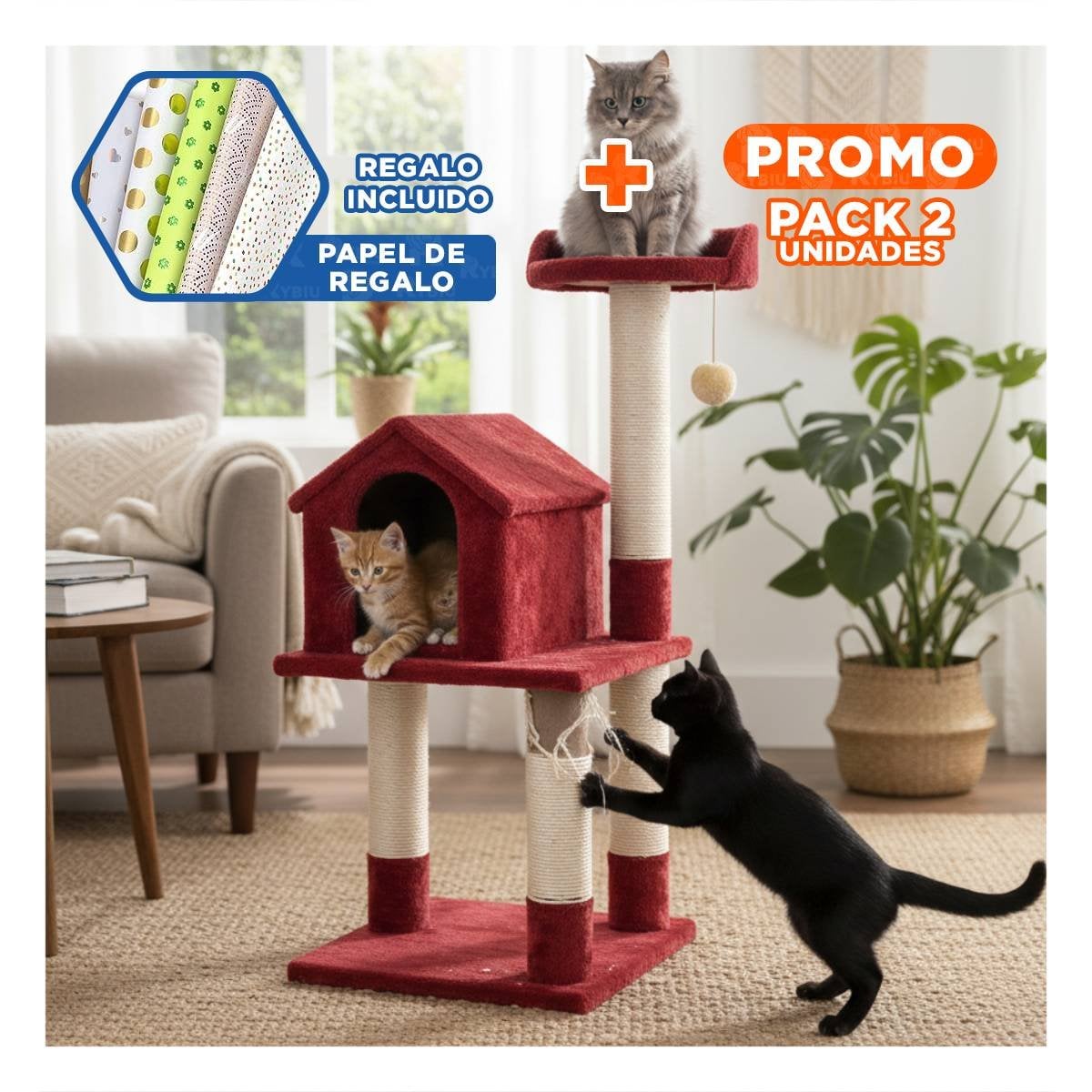 PACK2 RASCADOR PARA GATO CON 3 PISOS COLOR ROJO Y ESPACIOS PARA EXPLORAR Y+PAPEL REGALO - 1