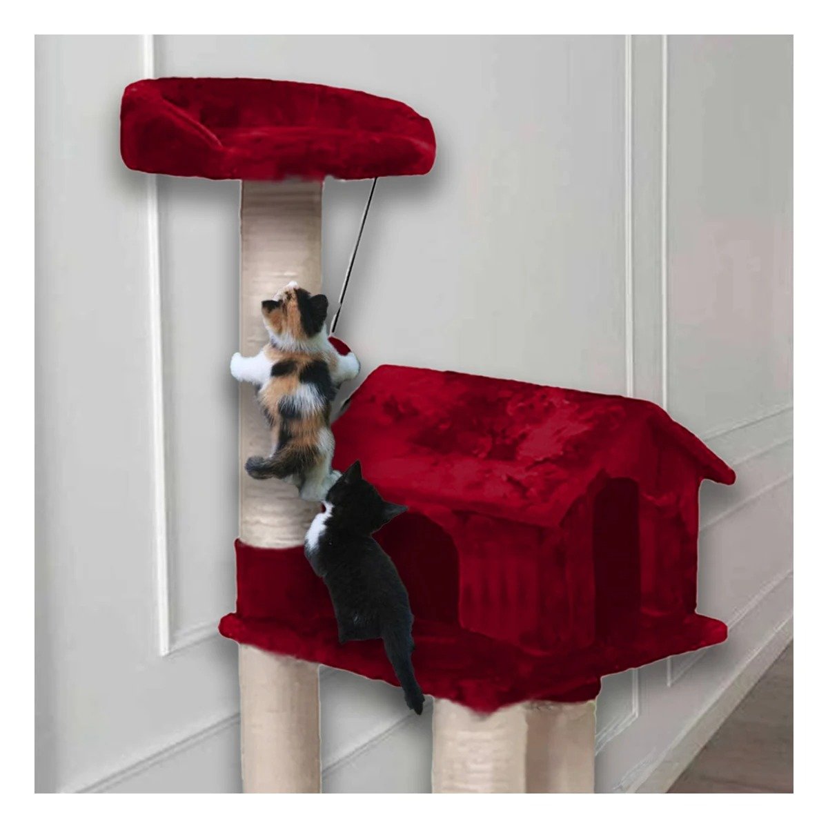 PACK2 RASCADOR PARA GATO CON 3 PISOS COLOR ROJO Y ESPACIOS PARA EXPLORAR Y+PAPEL REGALO - 2