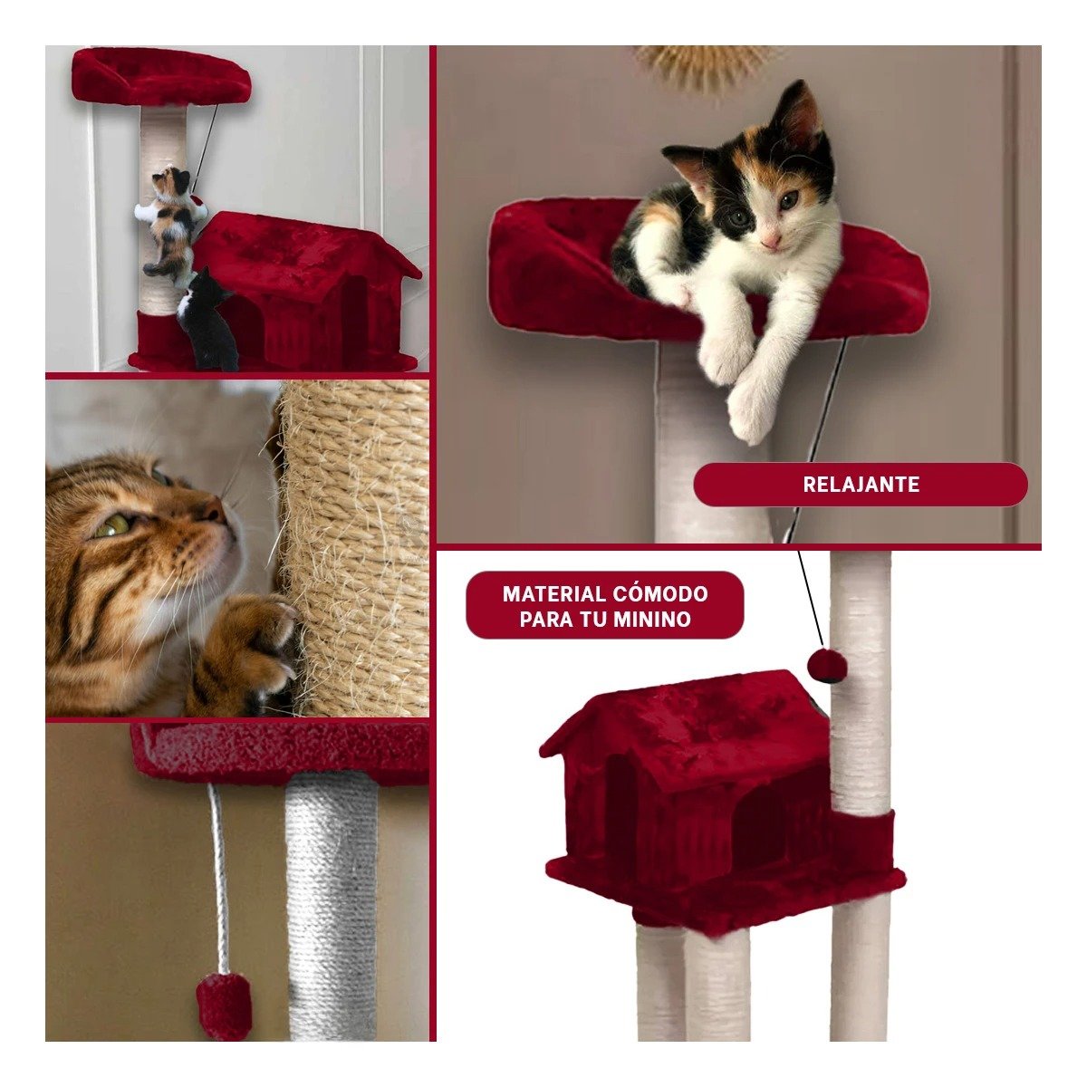 PACK2 RASCADOR PARA GATO CON 3 PISOS COLOR ROJO Y ESPACIOS PARA EXPLORAR Y+PAPEL REGALO - 3
