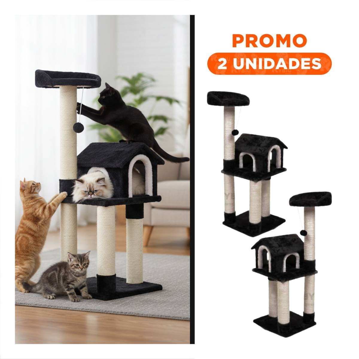 PACK2 MANSION DE GATO CASA NEGRO TRES NIVELES RASCADOR PARA HOGAR COMODO Y OSCURO - 1