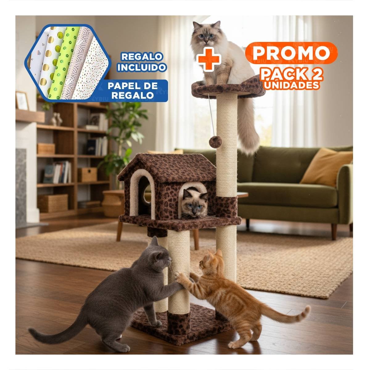 PACK2 MANSION DE GATO CASA TRES NIVELES RASCADOR MARRON PARA GATO MODERNO Y+PAPEL REGALO - 1